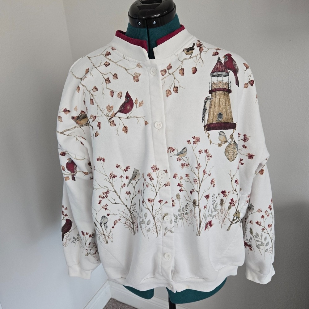 Artisans Cardigan White with Maroon Size XL (est)  Birds Cottagecore Grandmacore